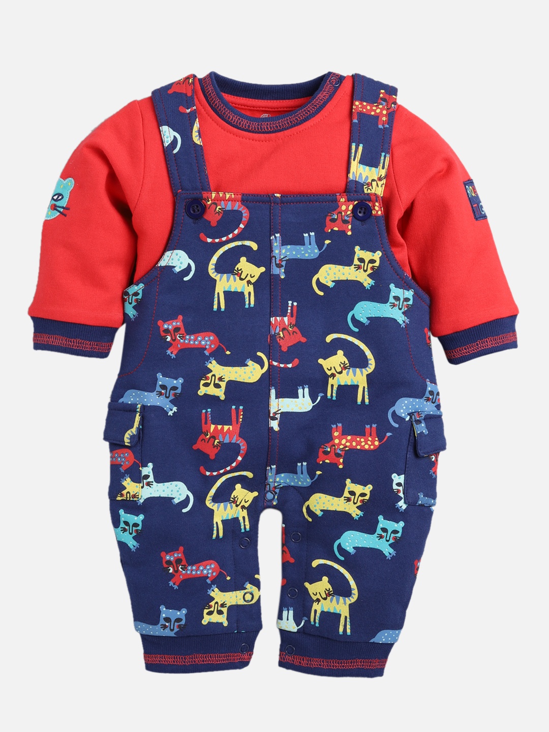 

BABY GO Boys Navy Blue & Red Printed Dungarees With T-Shirt