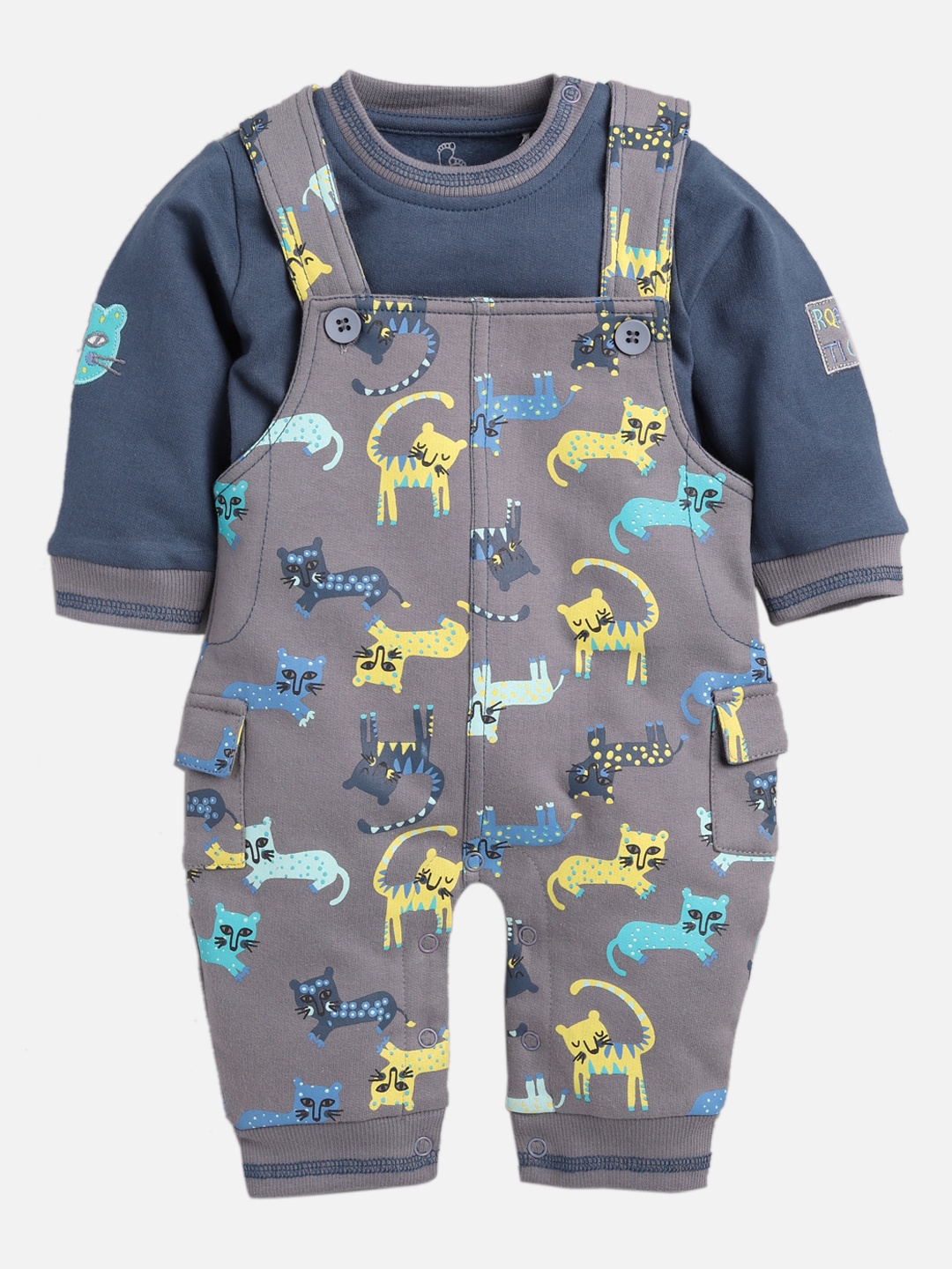 

Baby Go Boys Grey & Blue Printed Dungarees With T-Shirt