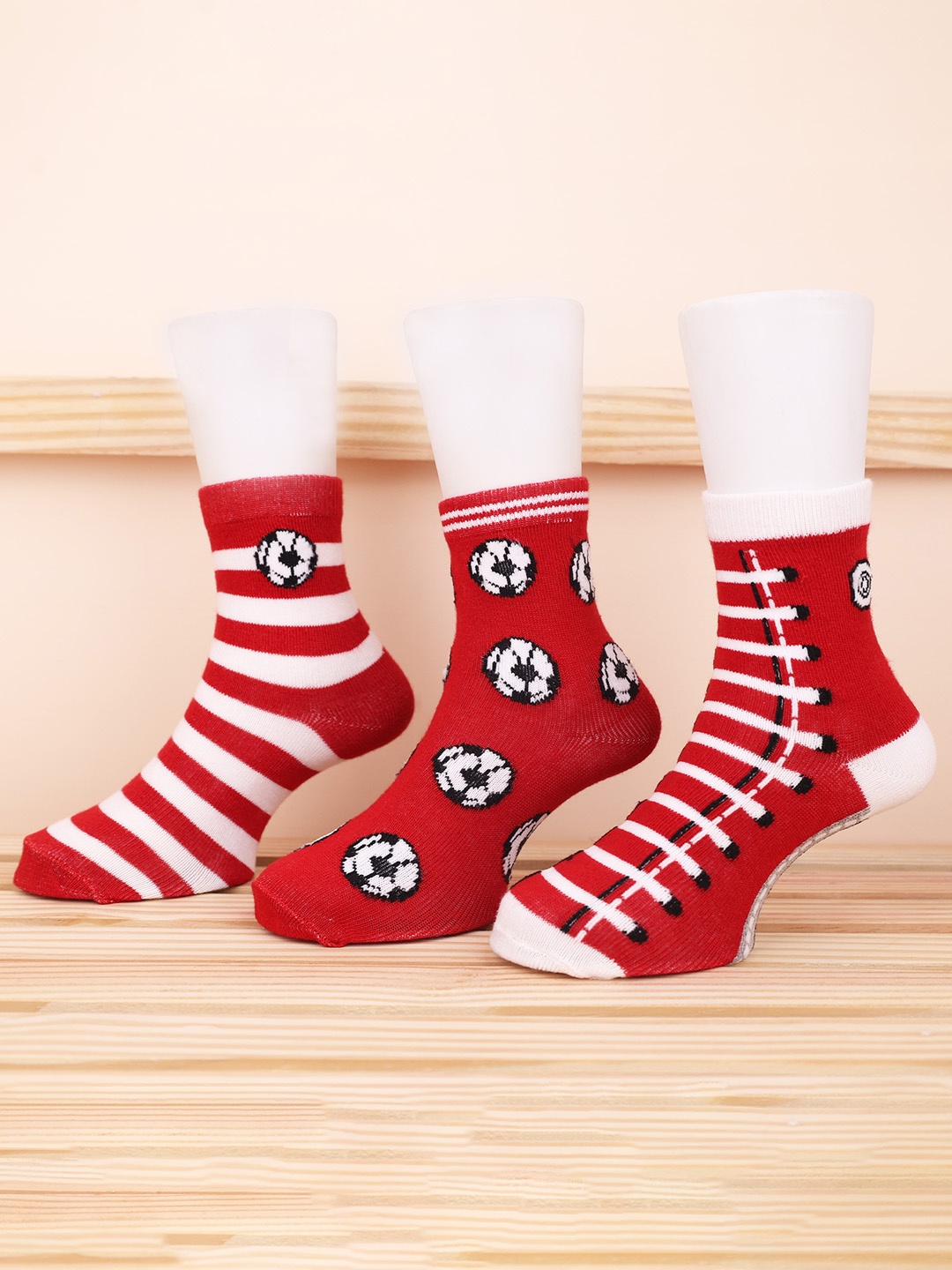 

FOOTPRINT 3 Pairs Infant Kids Patterned Ankle-Length Organic Cotton Socks, Red