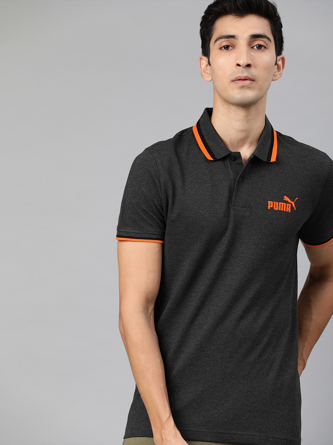 

Puma Men Charcoal Grey Slim Fit Solid Tipping Polo Collar T-shirt