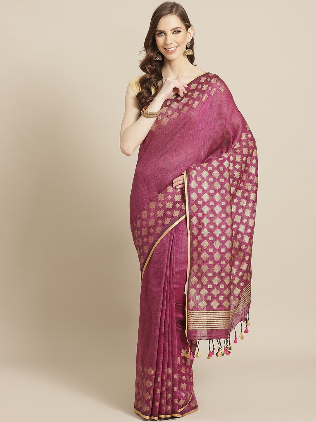 

swatika Magenta & Golden Pure Linen Solid Handloom Bhagalpuri Saree