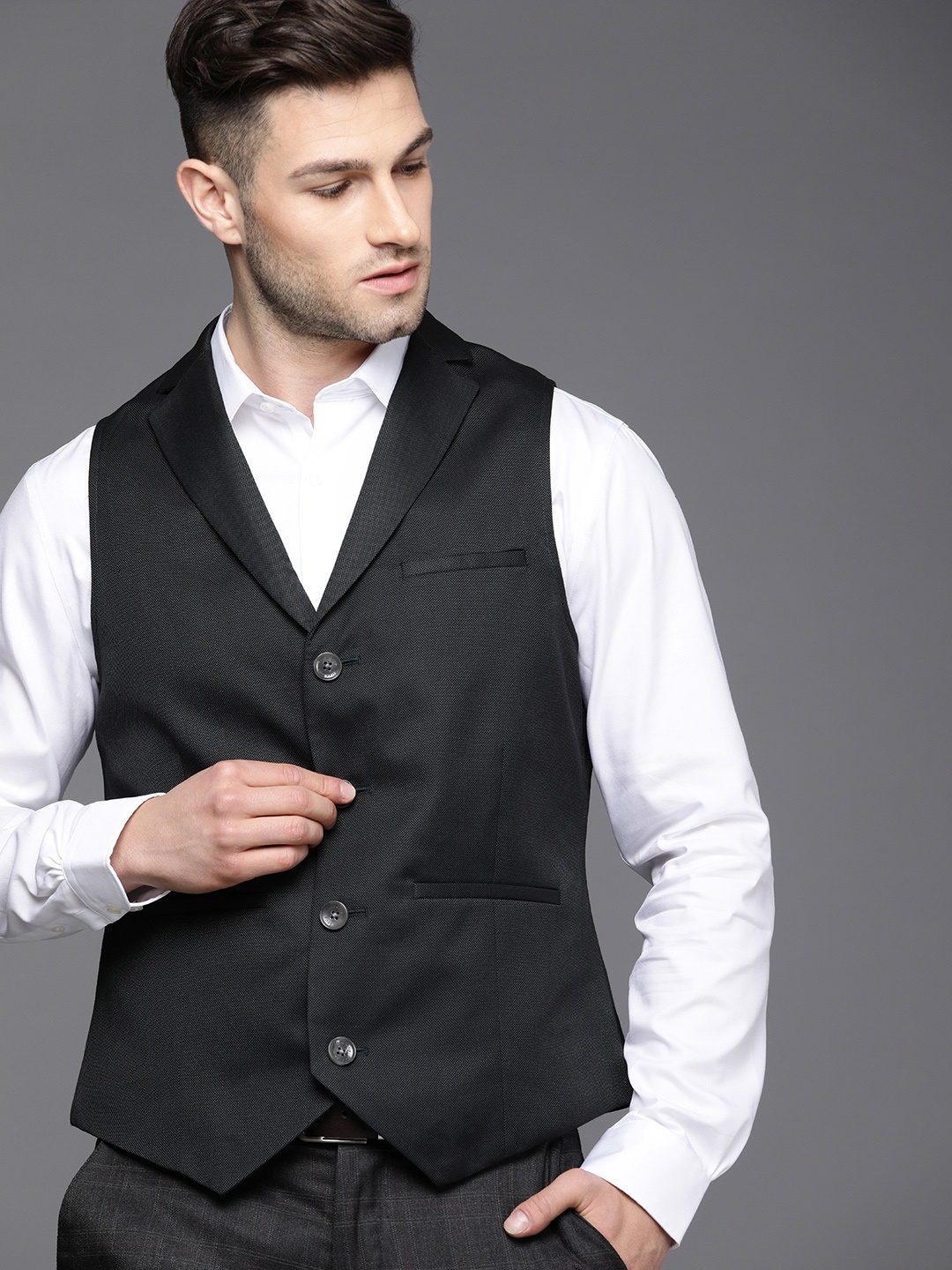 

Allen Solly Men Black Self Design Woven Slim Fit Formal Waistcoat