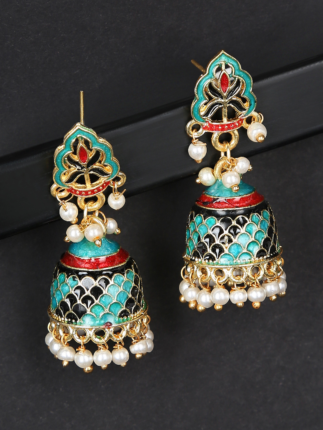 

OOMPH Green & Red Dome Shaped Jhumkas