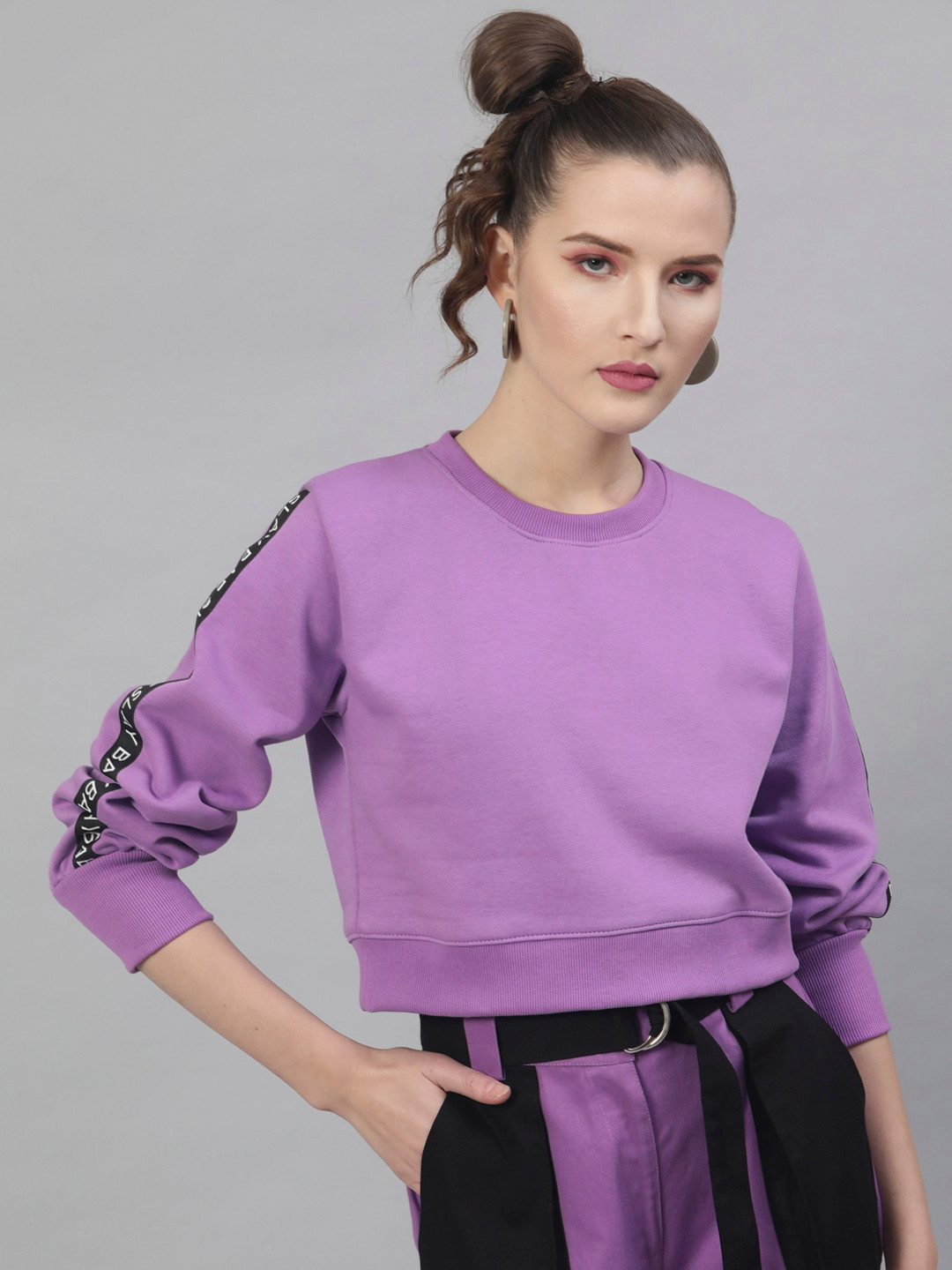 STREET 9 Women Purple Solid Cotton Crop Sweatshirt