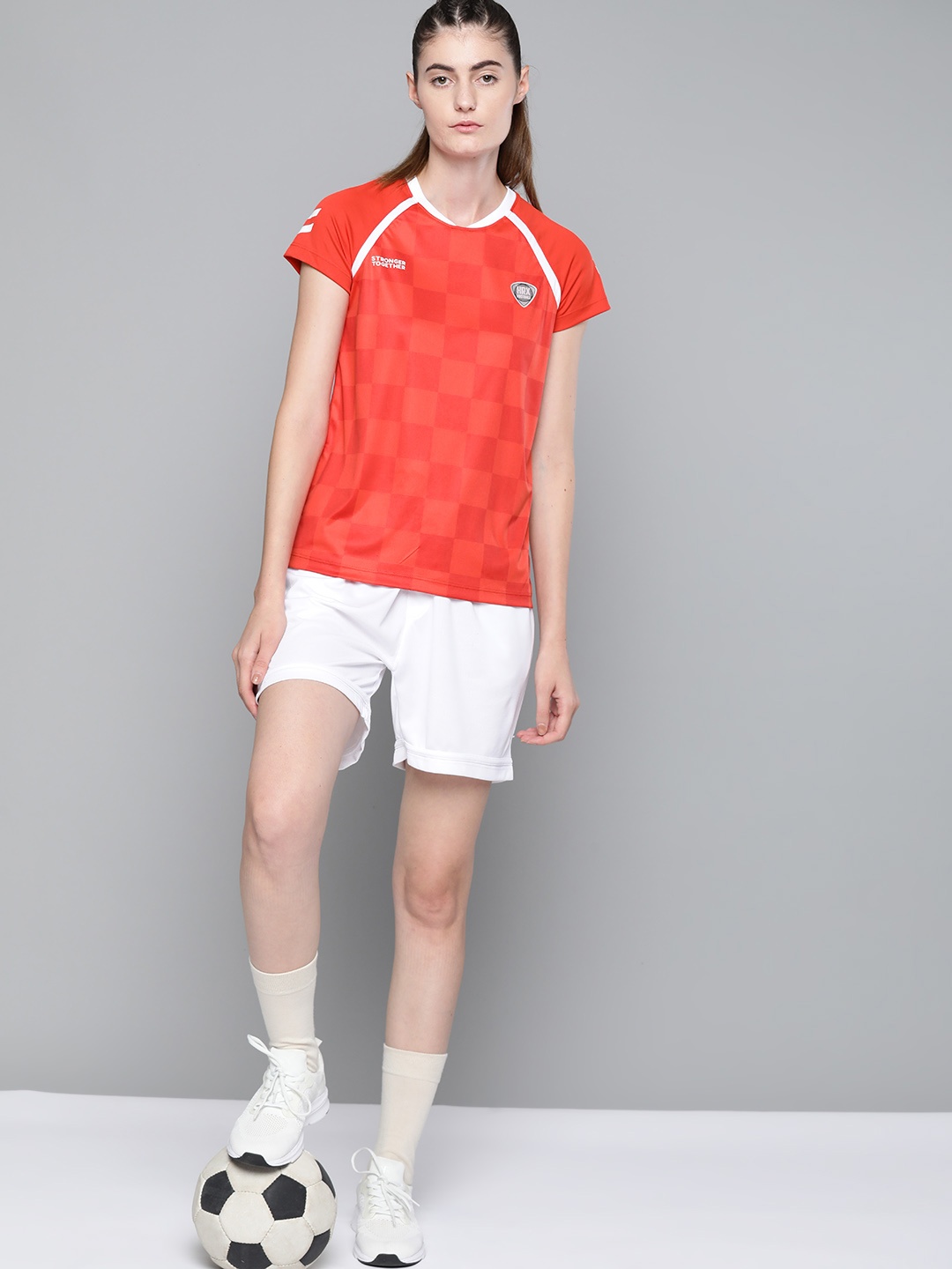

HRX By Hrithik Roshan Women High Risk Red Aop Rapid-Dry Anti-Static Football Tshirt