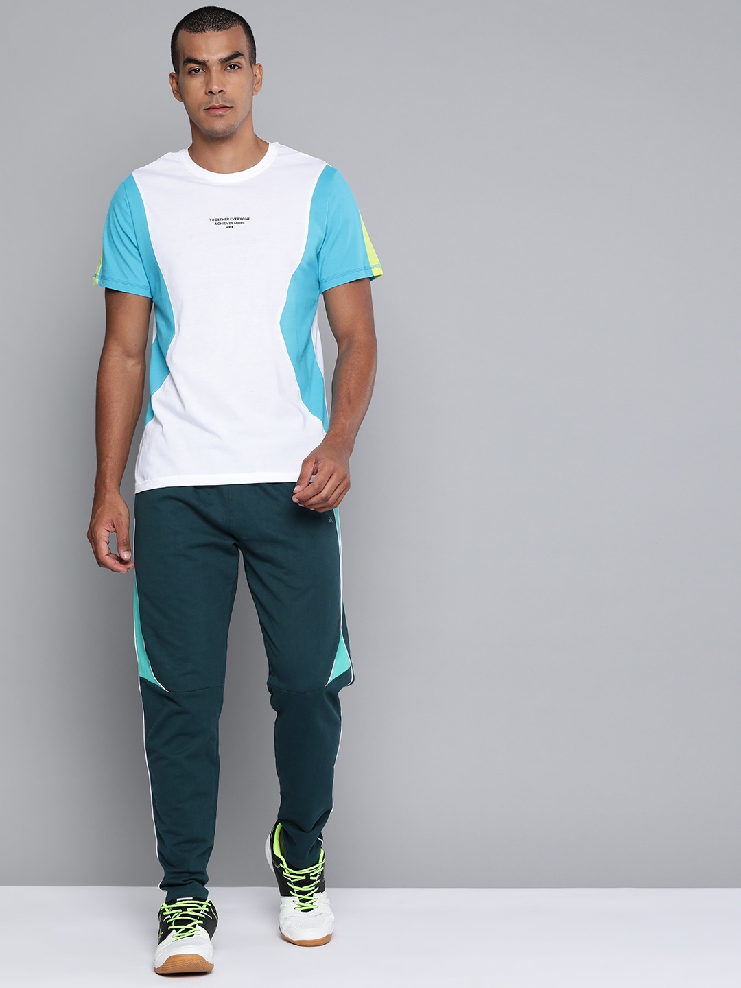 

HRX By Hrithik Roshan Men Optic White , Wild Lime , Peacock Blue Colourblock Bio-Wash Lifestyle Tshirt
