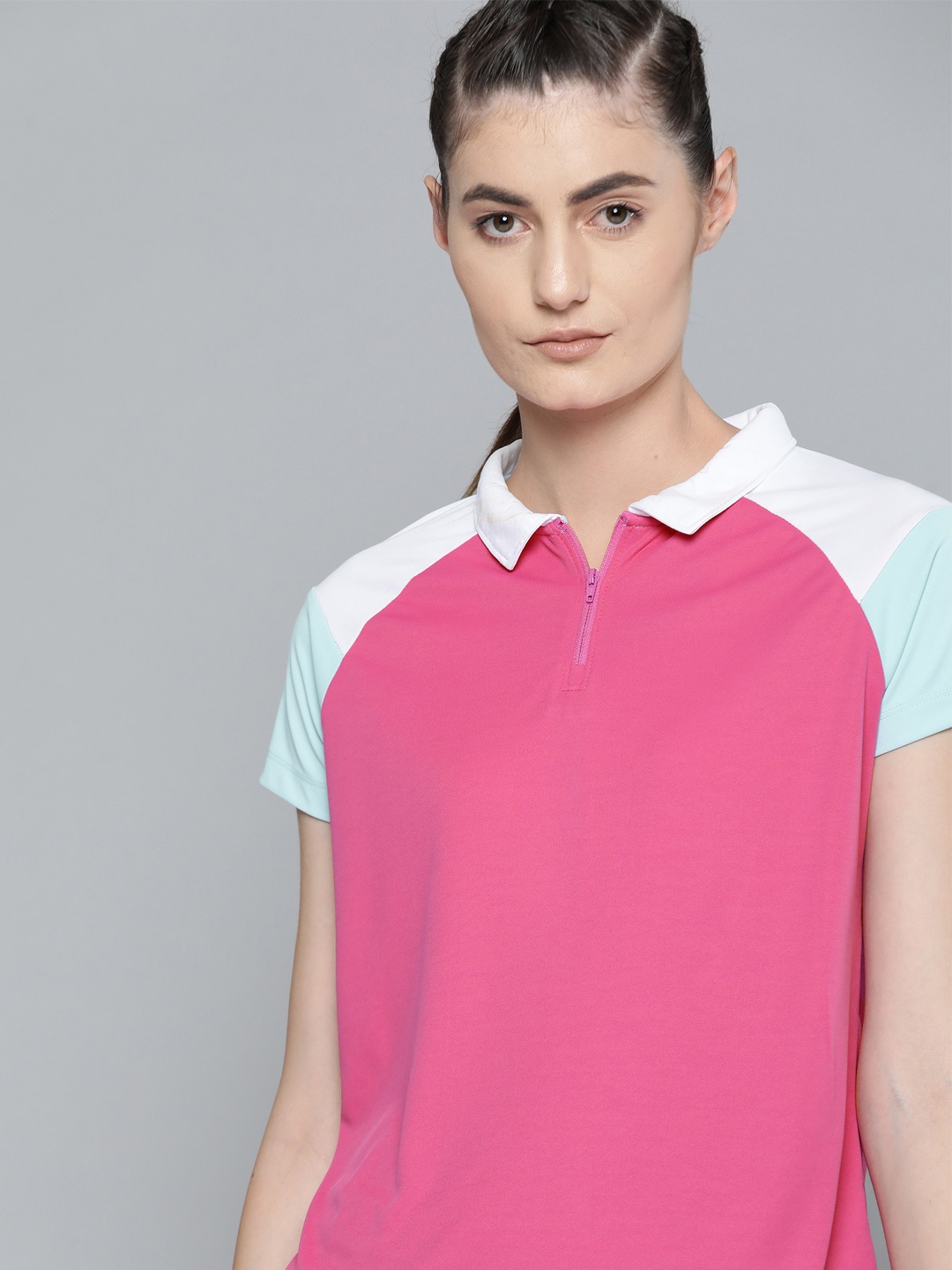 

HRX By Hrithik Roshan Women Phlox Pink & Crystal Blue & Optic White Colourblock Rapid-Dry Anti-Static Antimicrobial Racketsport Tshirt