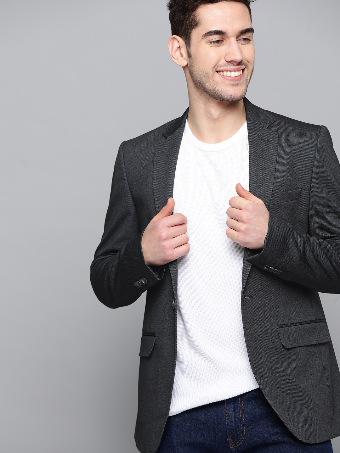 

Mast & Harbour Men Charcoal Grey Striped Single-Breasted Smart Casual Blazer
