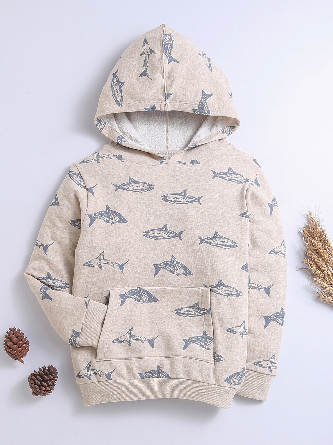 

Nino Bambino Kids Beige & Grey Printed Hooded Sustainable Sweatshirt