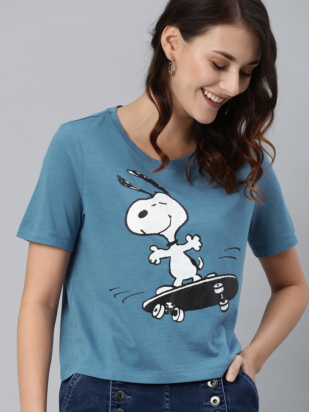

ONLY Peanuts Women Blue Snoopy Printed Round Neck T-shirt