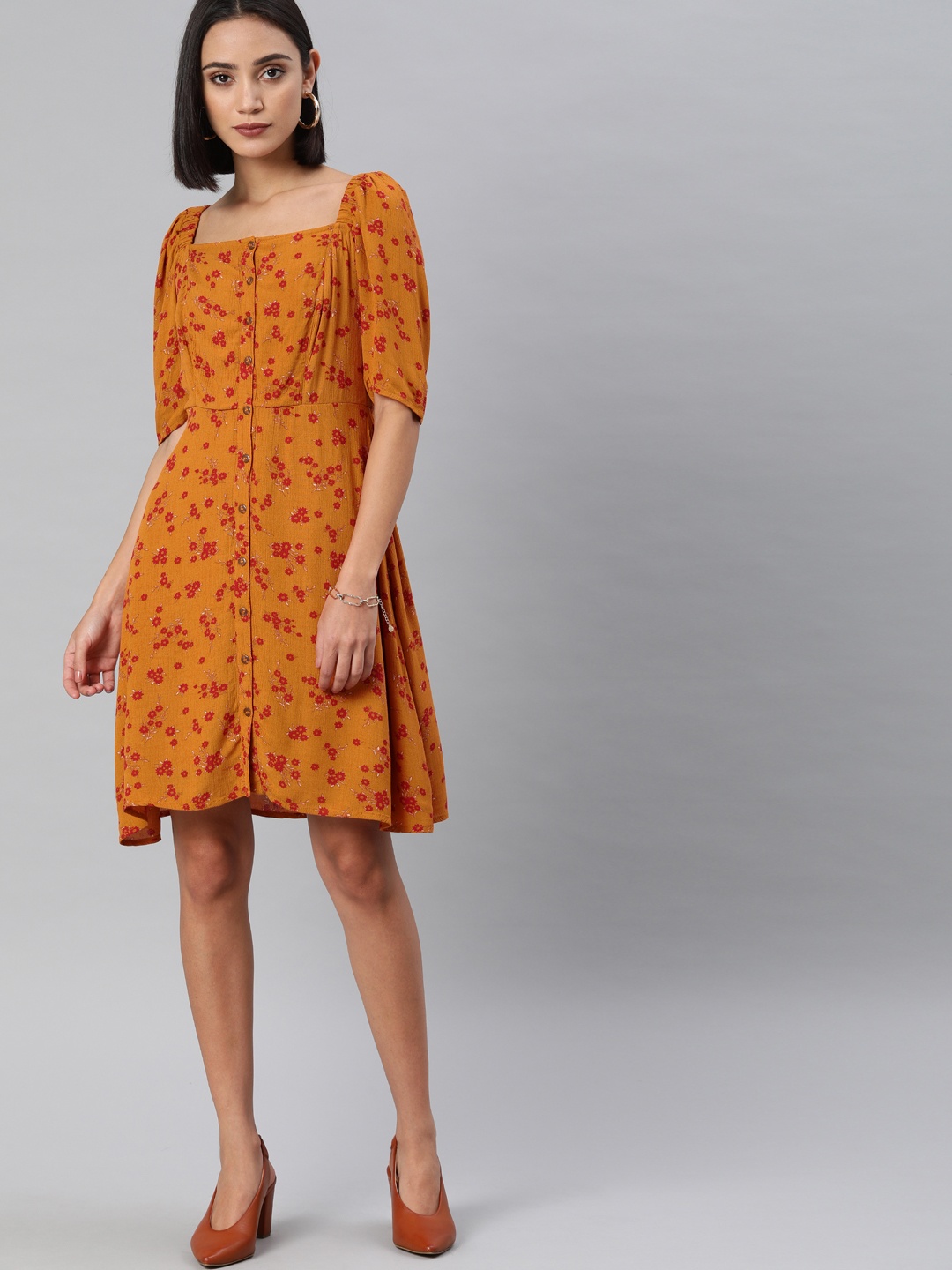 

ONLY Women Mustard Yellow & Red Floral Printed A-Line Dress