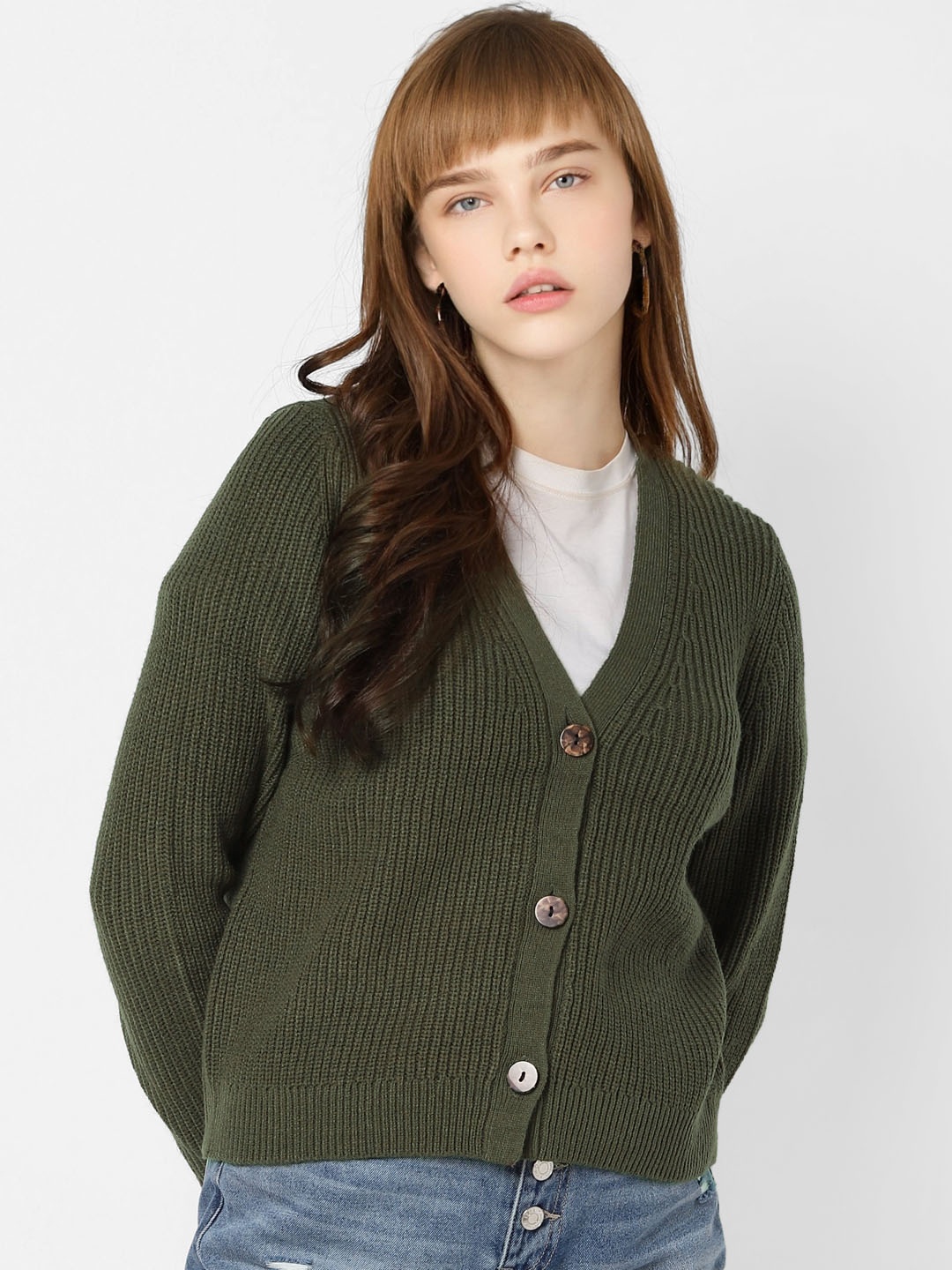 

ONLY Women Green Ribbed Cardigan Sweater