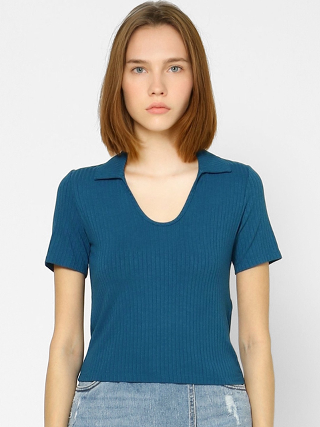 

ONLY Women Teal Blue Self-Striped Shirt Collar Top