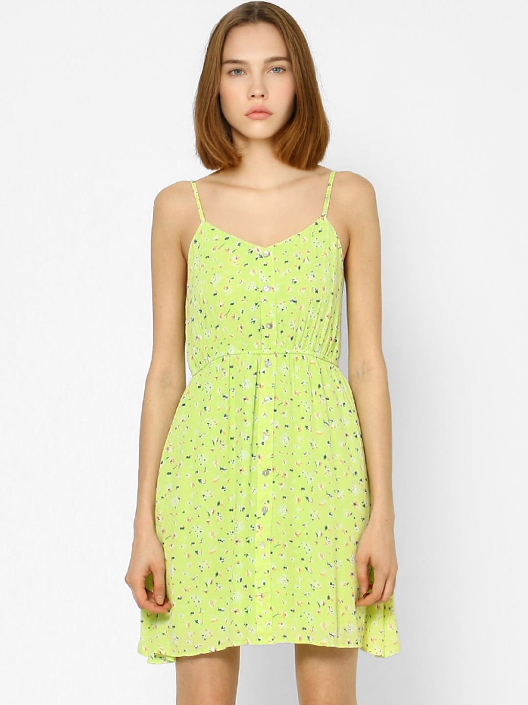 

ONLY Women Green & White Floral Printed Fit and Flare Dress with Gathers