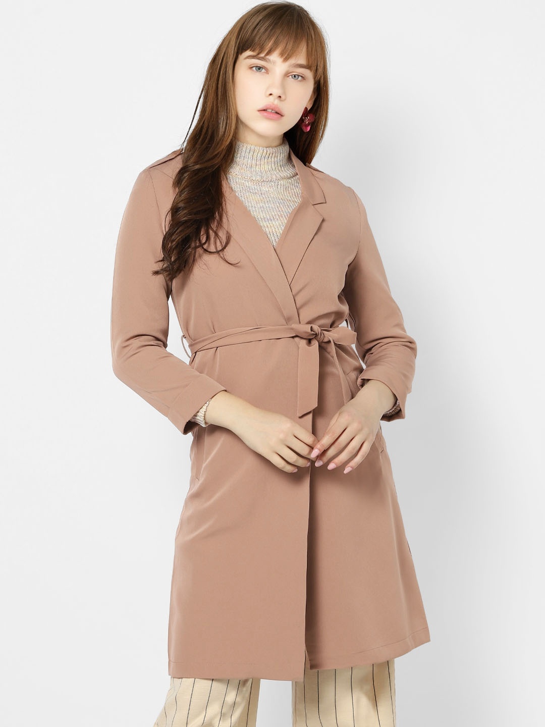 

ONLY Women Beige Solid Longline Wrap Coat