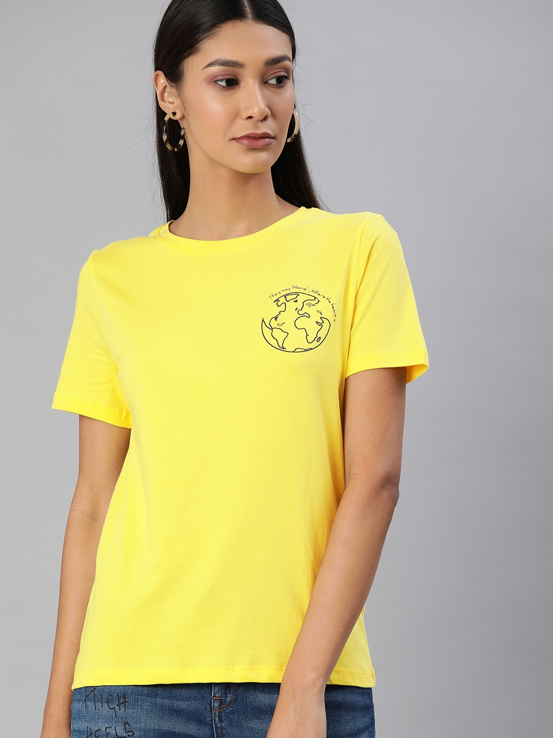 

ONLY Women Yellow Back Printed Round Neck Pure Cotton T-shirt