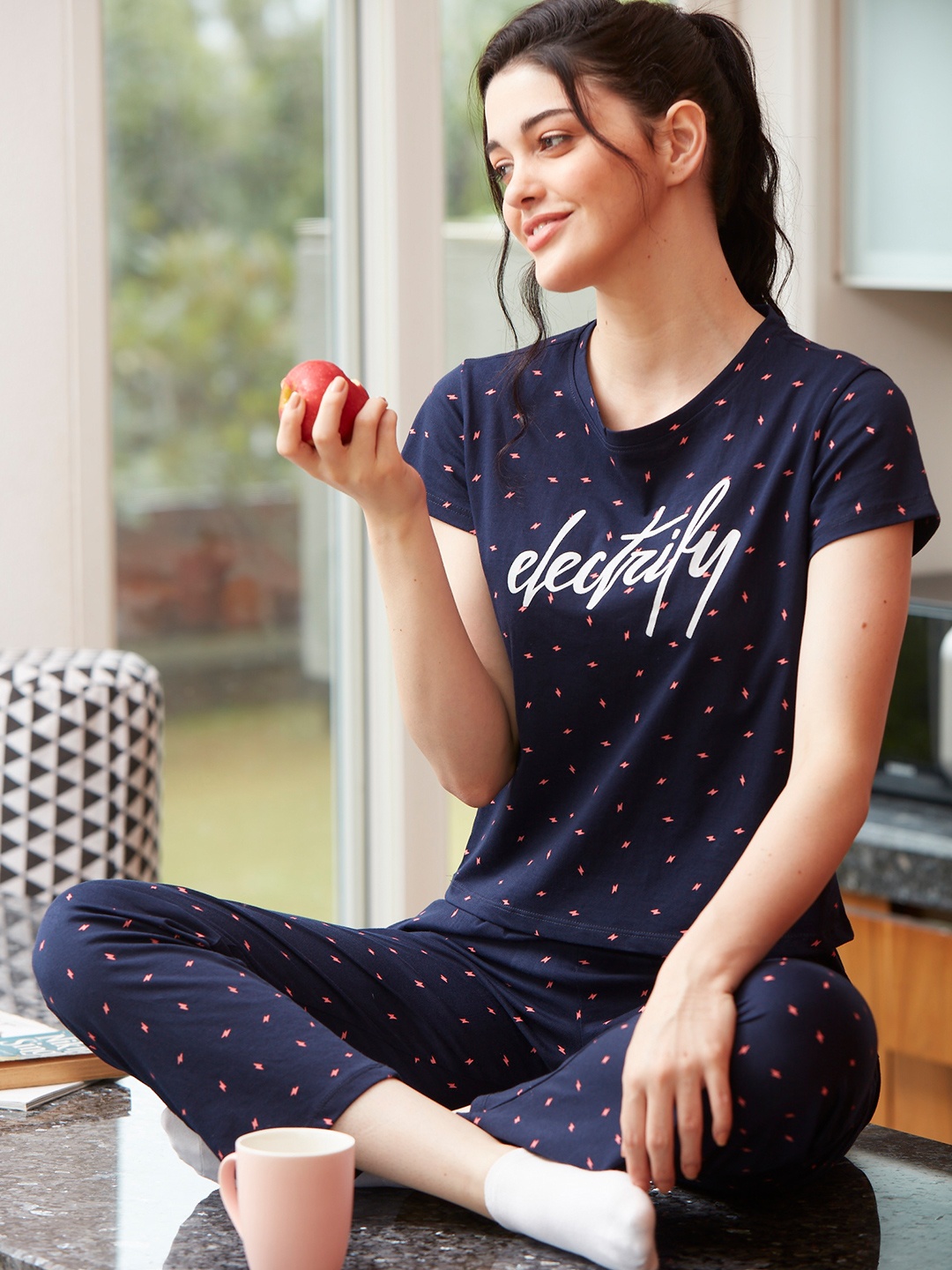 

Zeyo Women Navy Blue Printed Night Suit
