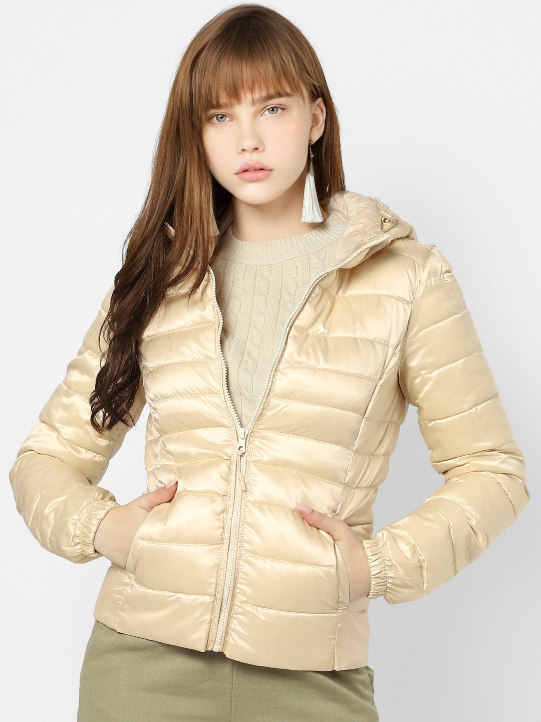 

ONLY Women Beige Solid Hooded Padded Jacket