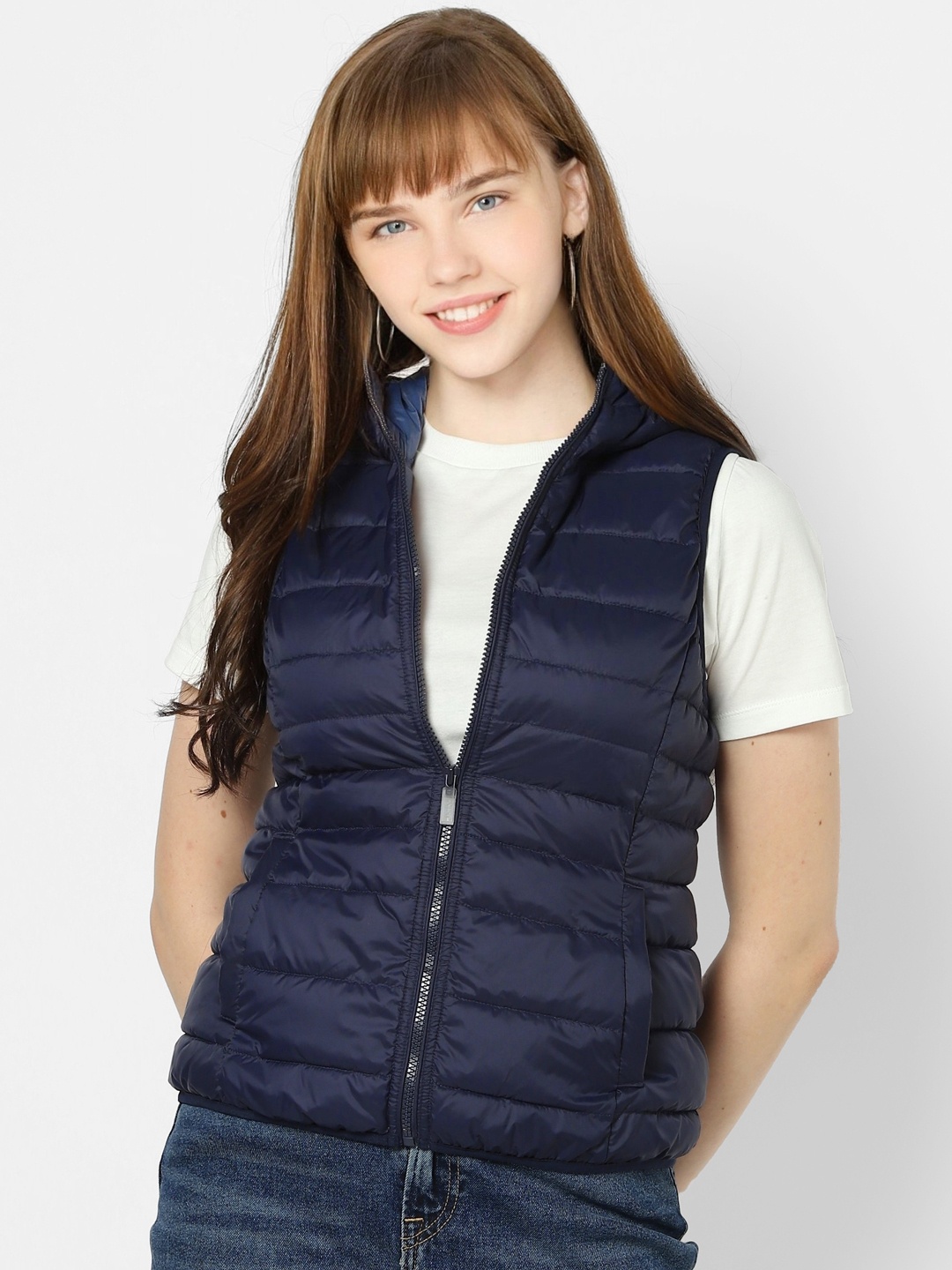 

ONLY Women Navy Blue Solid Padded Jacket