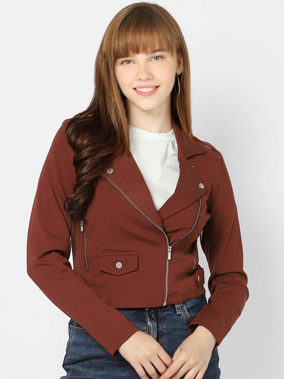 

ONLY Women Maroon Solid Biker Jacket