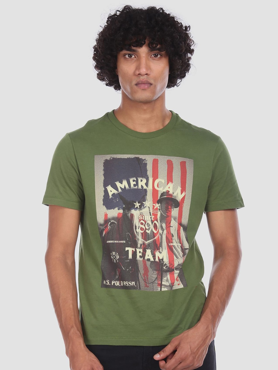 

U.S. Polo Assn. Denim Co. Men Green Printed Round Neck Pure Cotton T-shirt