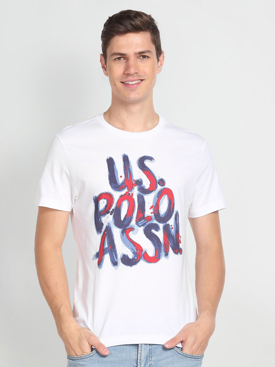 

U.S. Polo Assn. Denim Co. Men White Muscle Fit Printed Round Neck Pure Cotton T-shirt