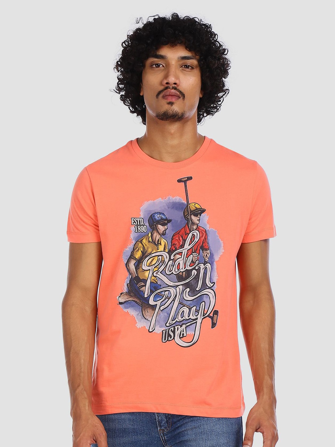 

U.S. Polo Assn. Denim Co. Men Coral Pink Slim Fit Printed Round Neck Pure Cotton T-shirt