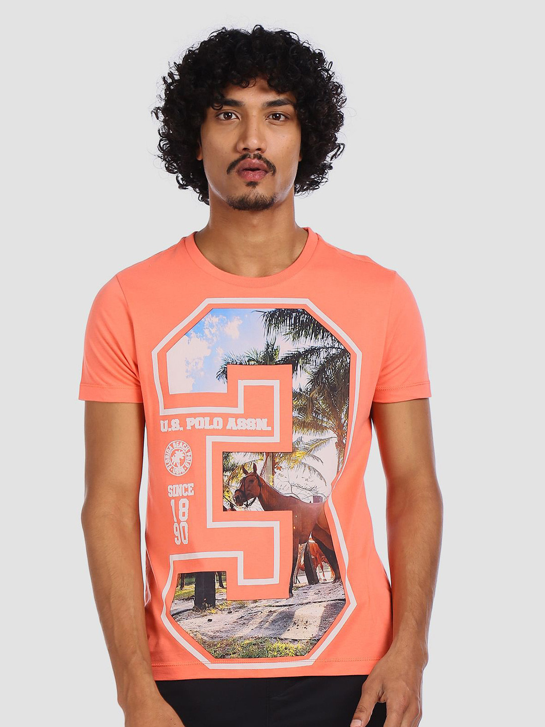 

U.S. Polo Assn. Denim Co. Men Coral Pink Printed Slim Fit Round Neck Pure Cotton T-shirt