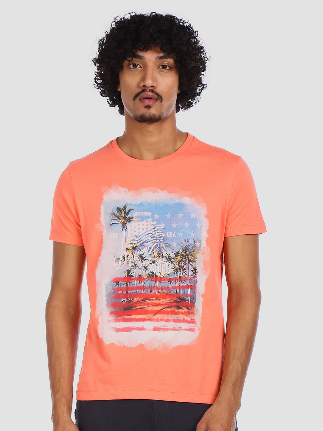 

U.S. Polo Assn. Denim Co. Men Coral Orange Muscle Fit Graphic Printed Round Neck Pure Cotton T-shirt
