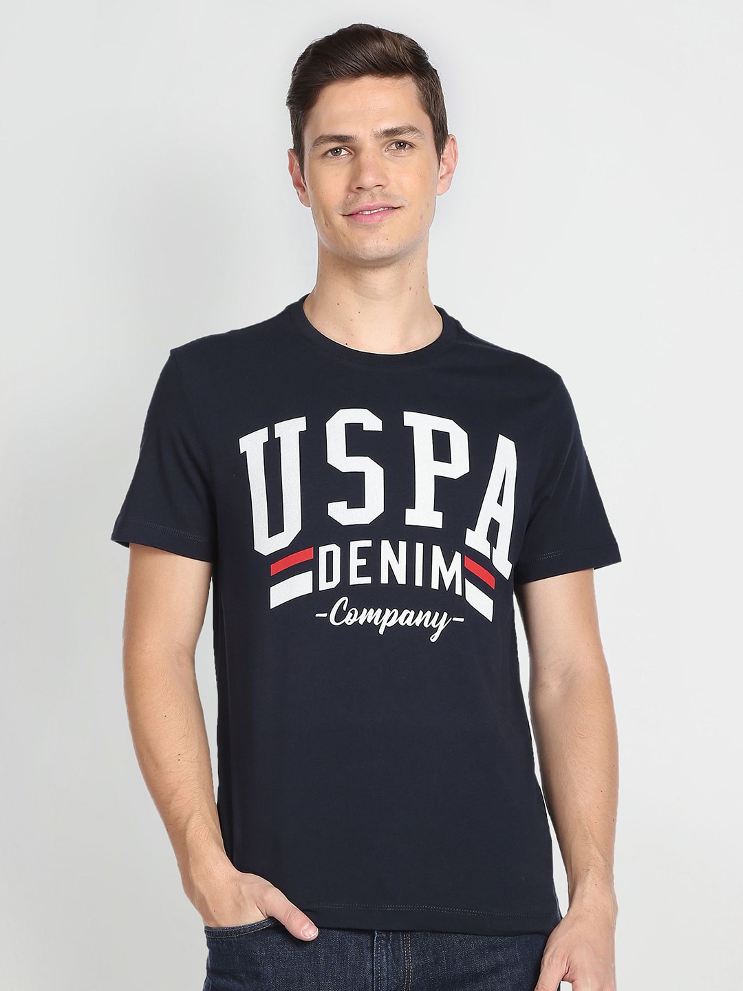 

U.S. Polo Assn. Denim Co. Men Navy Blue Printed Slim Fit Round Neck Pure Cotton T-shirt