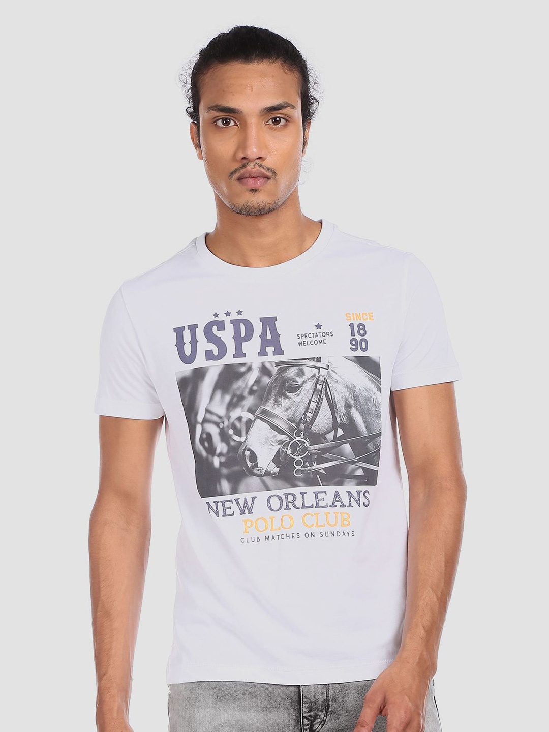 

U.S. Polo Assn. Denim Co. Men White Printed Slim Fit Round Neck Pure Cotton T-shirt