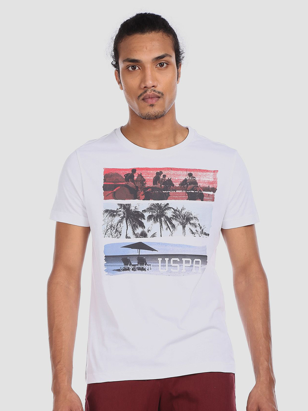 

U.S. Polo Assn. Denim Co. Men White Printed Slim Fit Round Neck Pure Cotton T-shirt