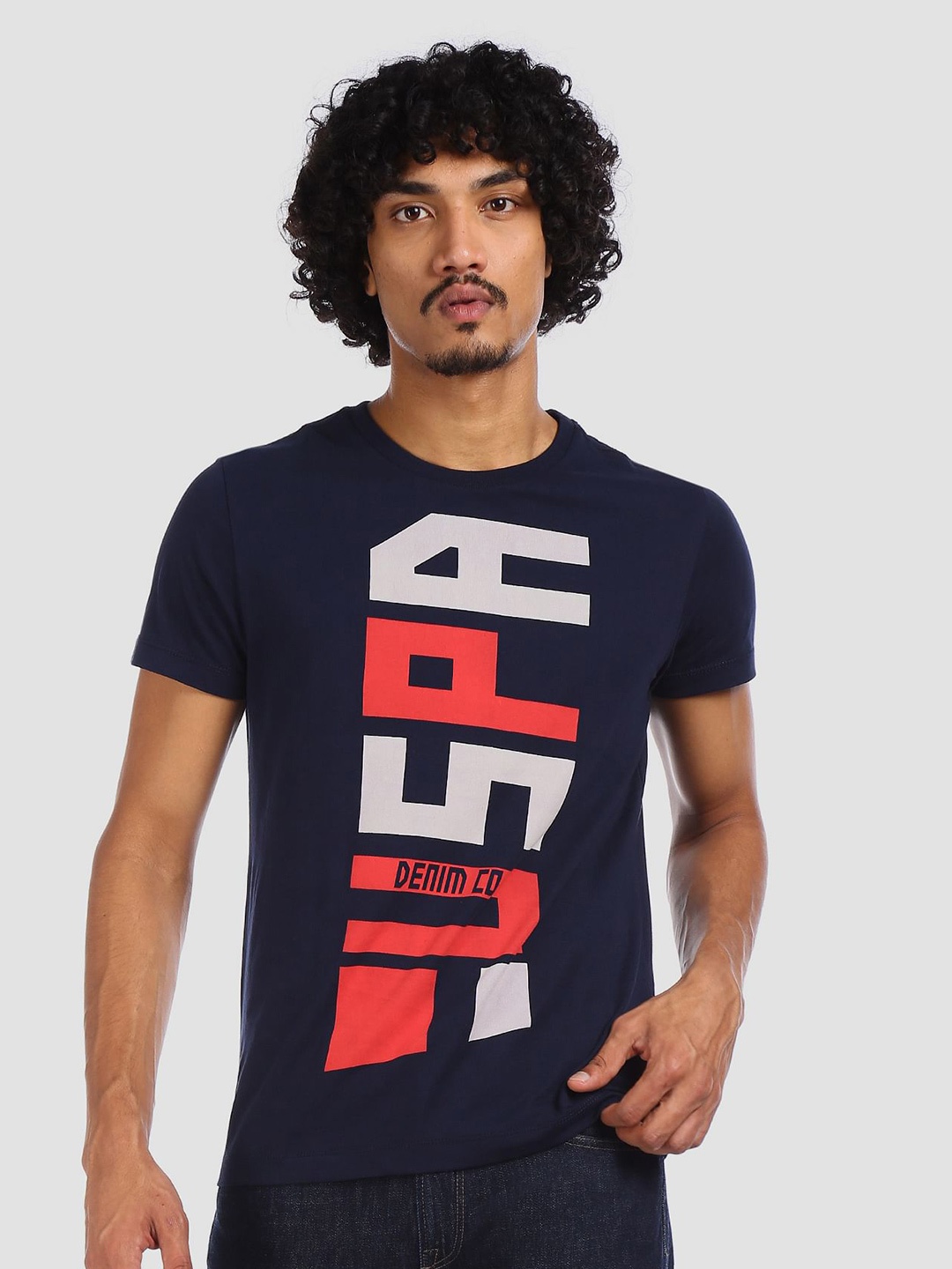 

U.S. Polo Assn. Denim Co. Men Navy Blue Slim Fit Brand Logo Printed Round Neck Pure Cotton T-shirt