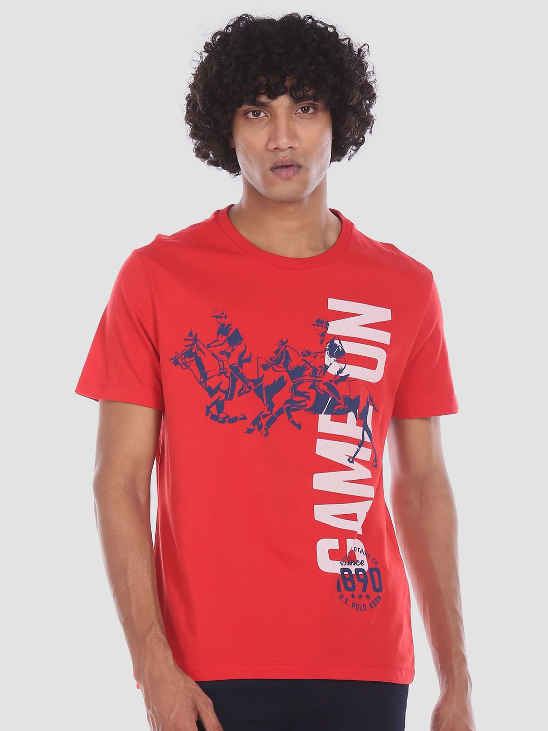 

U.S. Polo Assn. Denim Co. Men Red Slim Fit Printed Round Neck Pure Cotton T-shirt