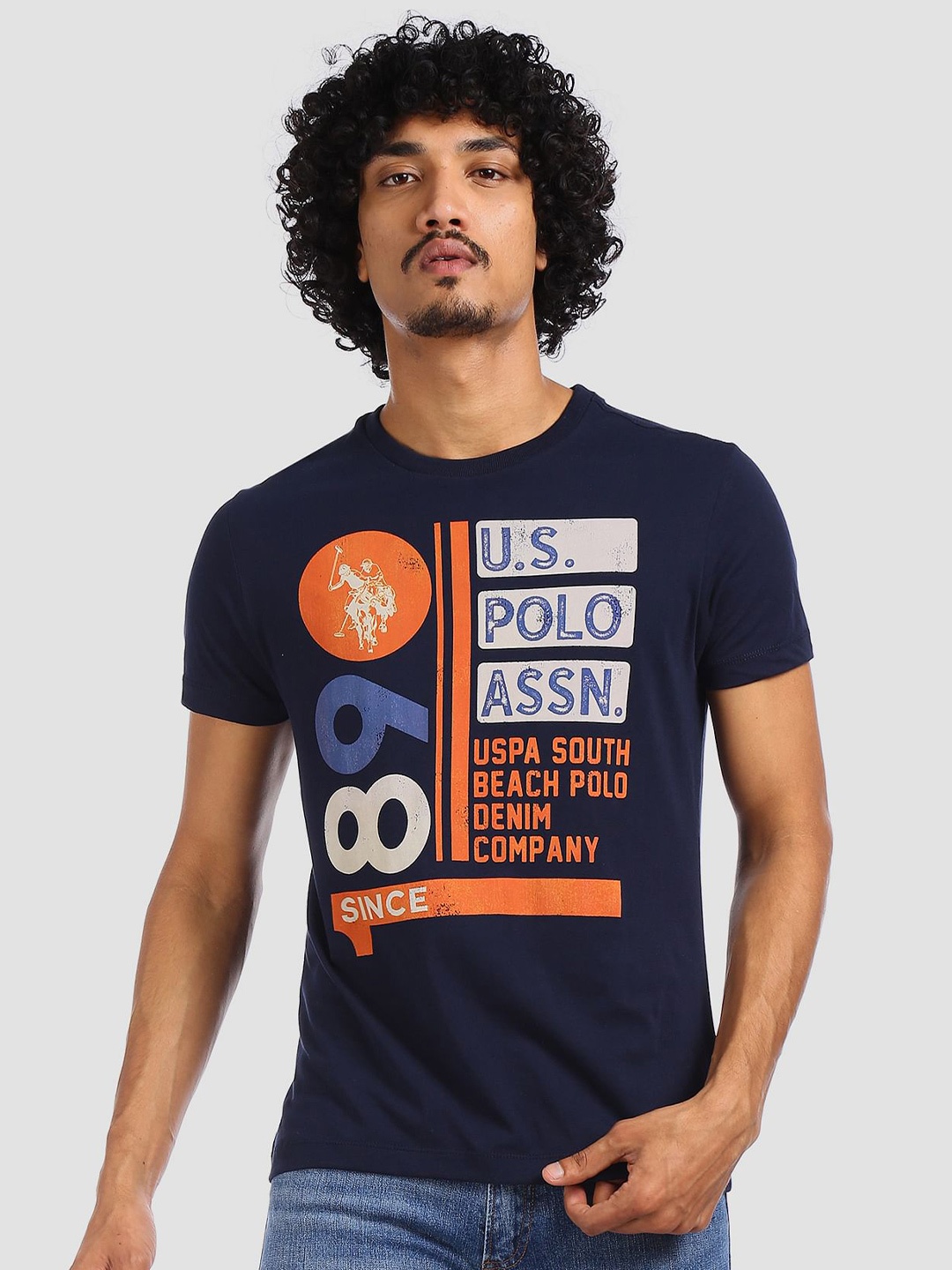 

U.S. Polo Assn. Denim Co. Men Navy Blue Slim Fit Brand Logo Printed Round Neck Pure Cotton T-shirt