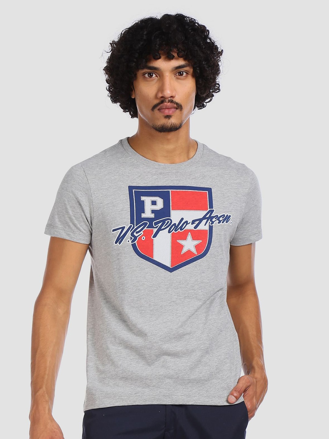 

U.S. Polo Assn. Denim Co. Men Grey Slim Fit Brand Logo Printed Round Neck T-shirt