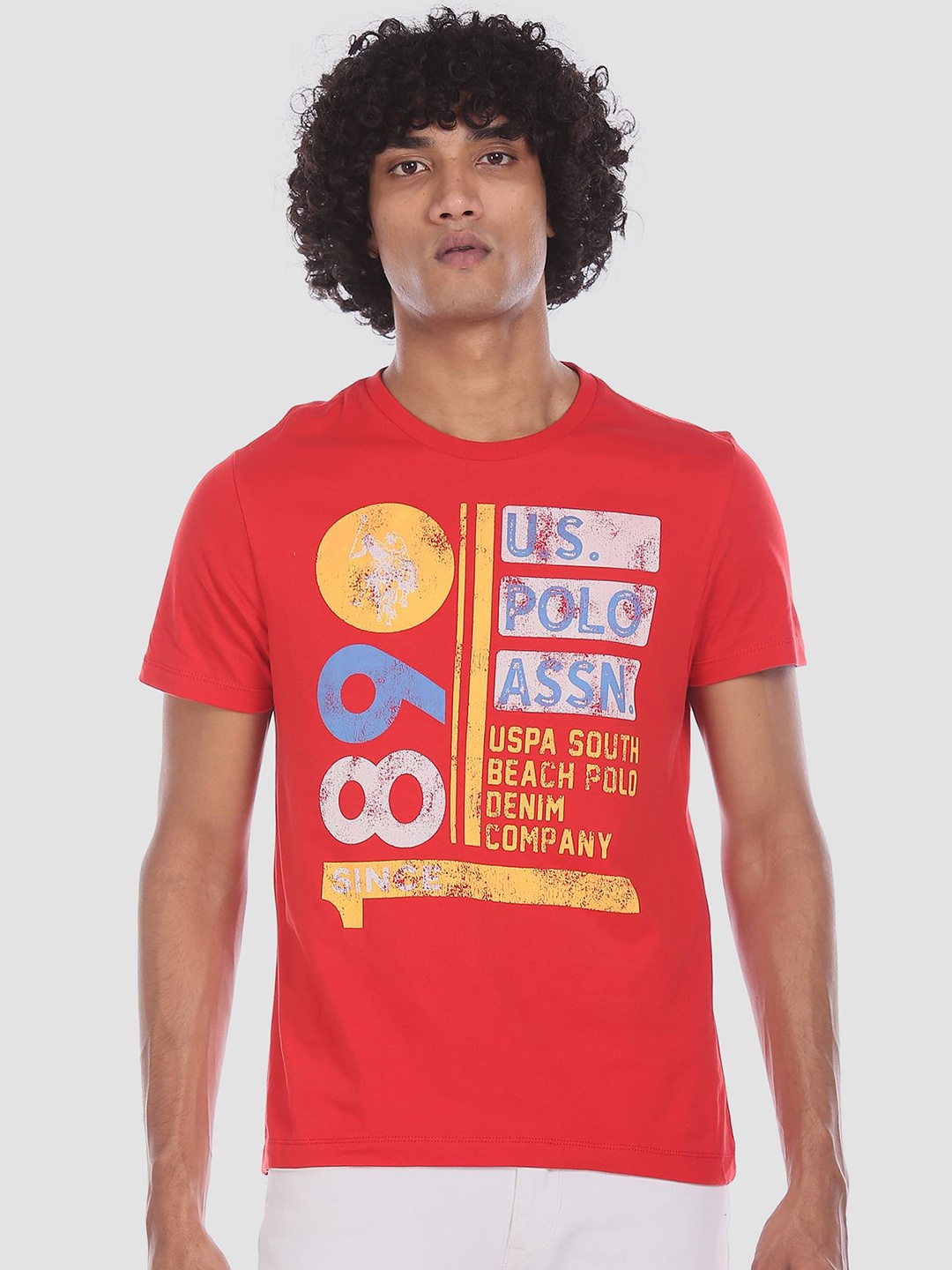 

U.S. Polo Assn. Denim Co. Men Red Slim Fit Brand Logo Printed Round Neck Pure Cotton T-shirt