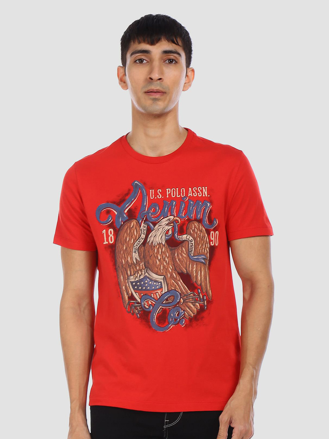 

U.S. Polo Assn. Denim Co. Men Red Slim Fit Brand Logo Printed Round Neck Pure Cotton T-shirt