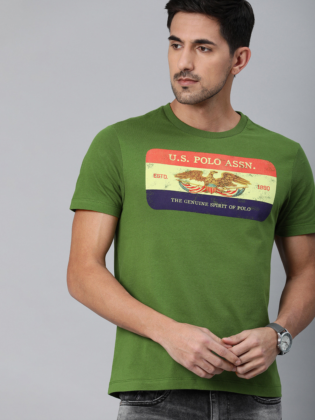 

U.S. Polo Assn. Denim Co. Men Olive Green Slim Fit Brand Logo Printed Round Neck Pure Cotton T-shirt