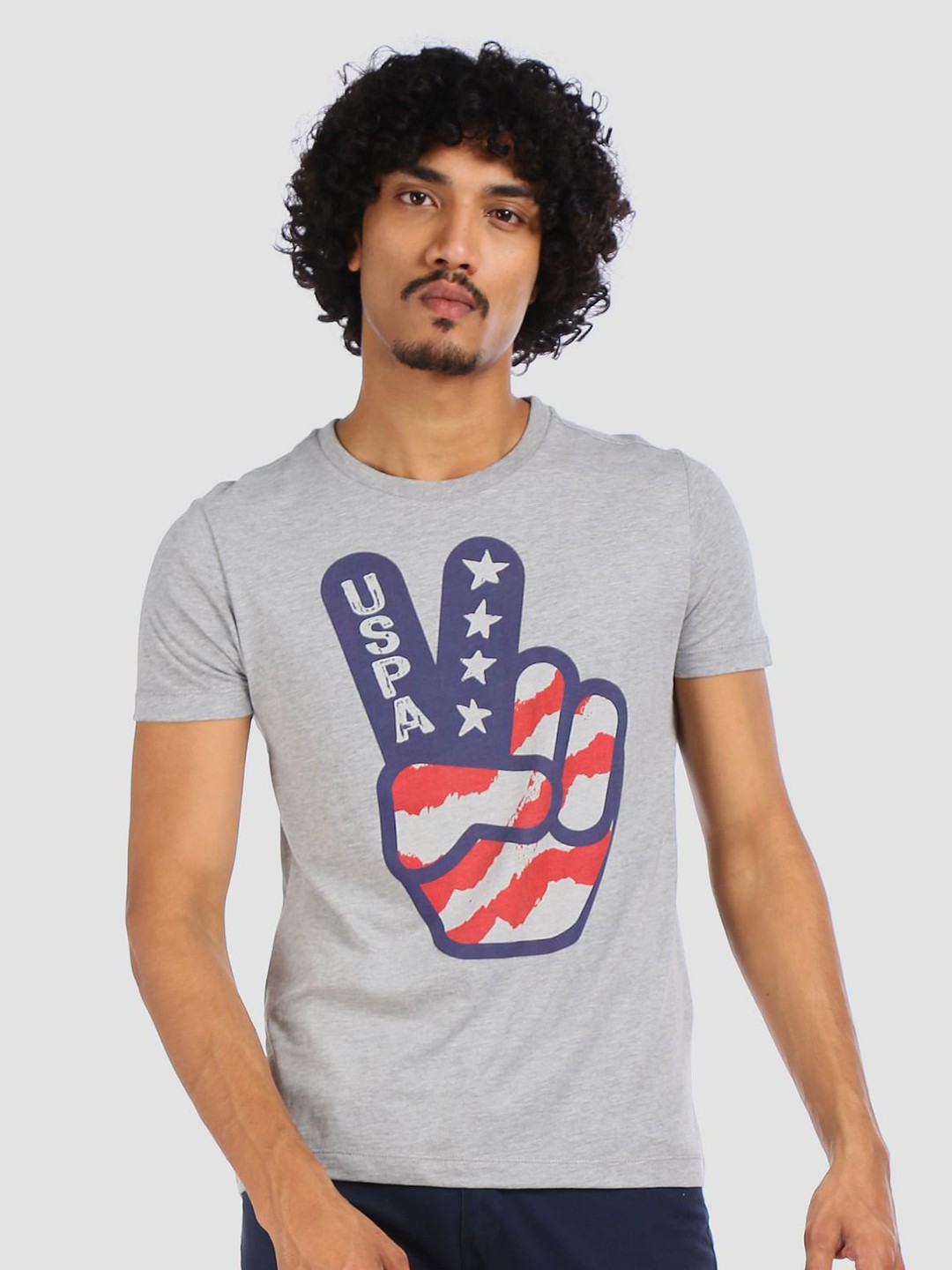 

U.S. Polo Assn. Denim Co. Men Grey Slim Fit Brand Logo Printed Round Neck Pure Cotton T-shirt