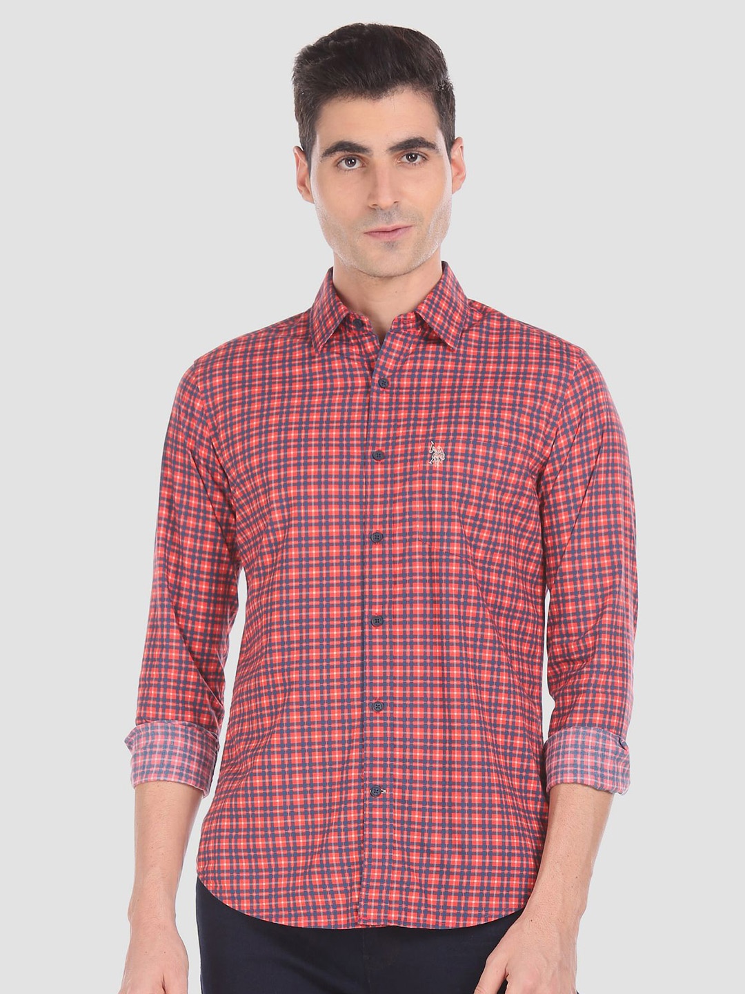 

U.S. Polo Assn. Men Navy Blue & Red Regular Fit Checked Pure Cotton Casual Shirt