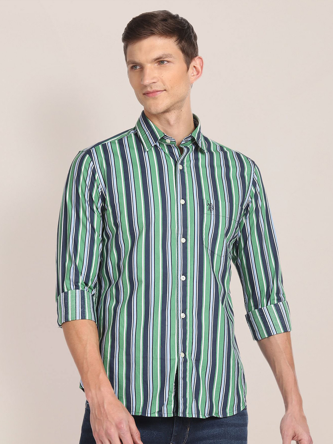 

U.S. Polo Assn. Men Green & Blue Tailored Fit Striped Cotton Casual Shirt