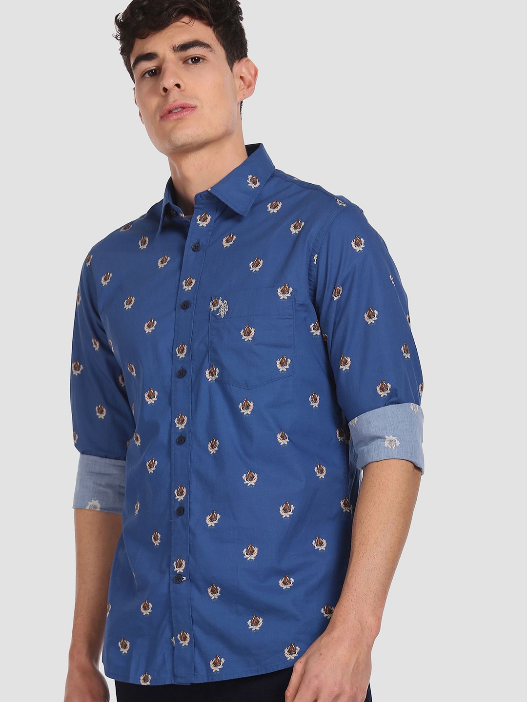 

U.S. Polo Assn. Men Navy Blue & Brown Tailored Fit Animal Printed Casual Shirt