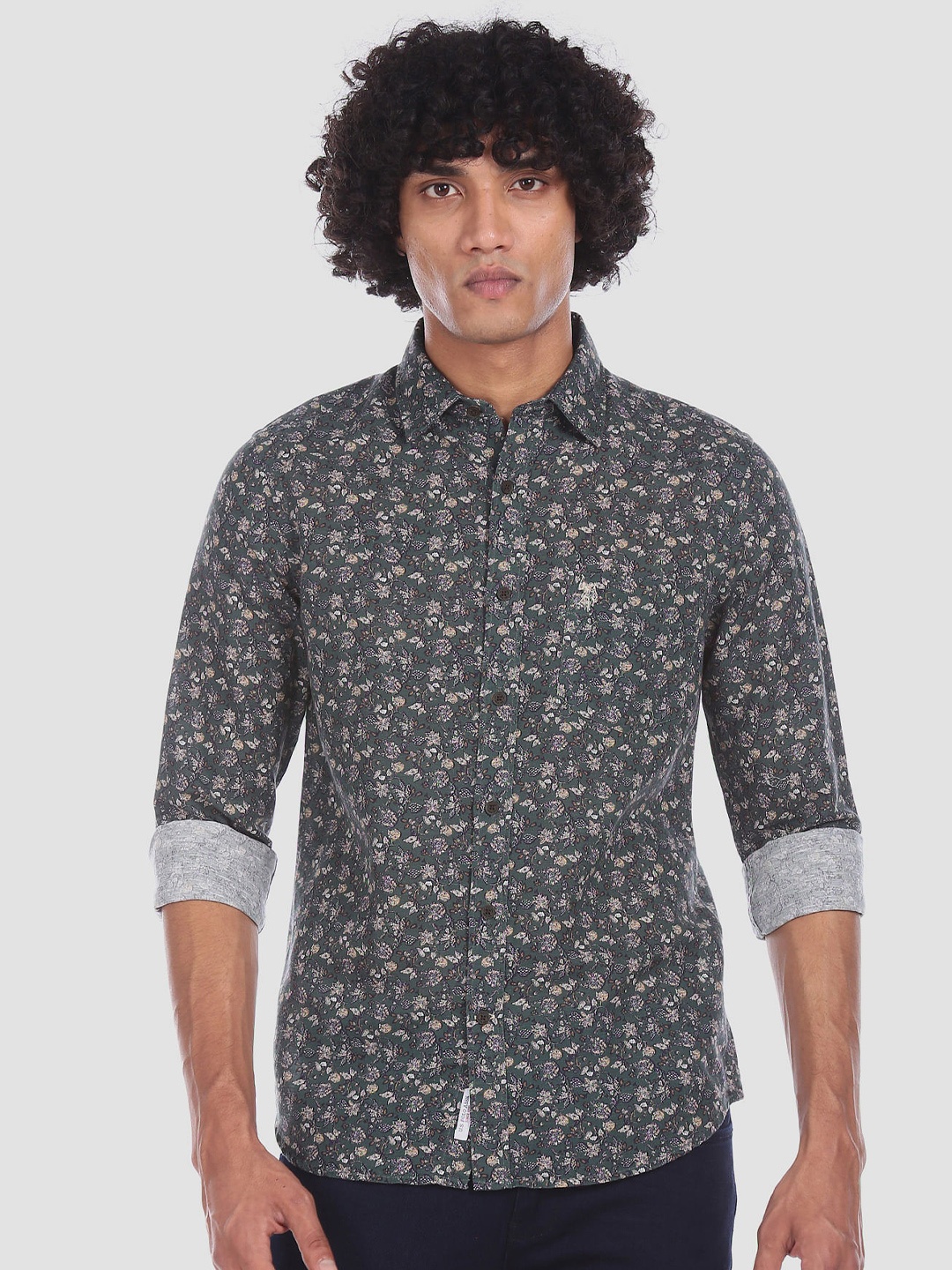

U.S. Polo Assn. Men Green Regular Fit Printed Casual Linen Shirt
