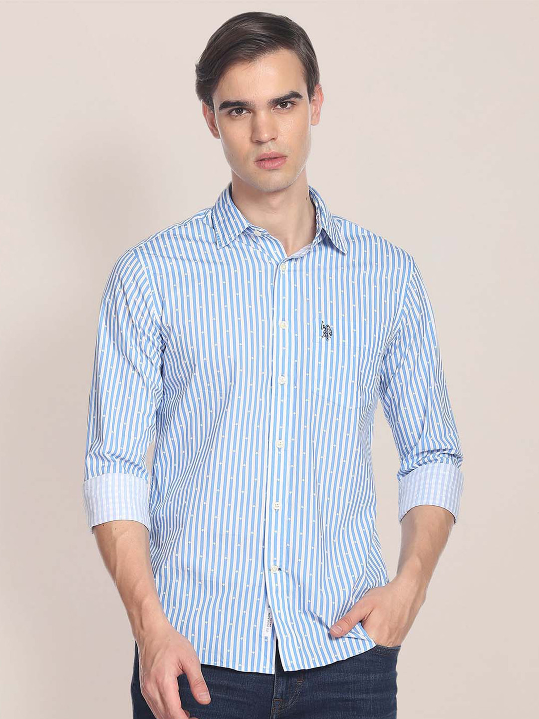 

U.S. Polo Assn. Men Blue & White Tailored Fit Bengal Stripes Cotton Casual Shirt