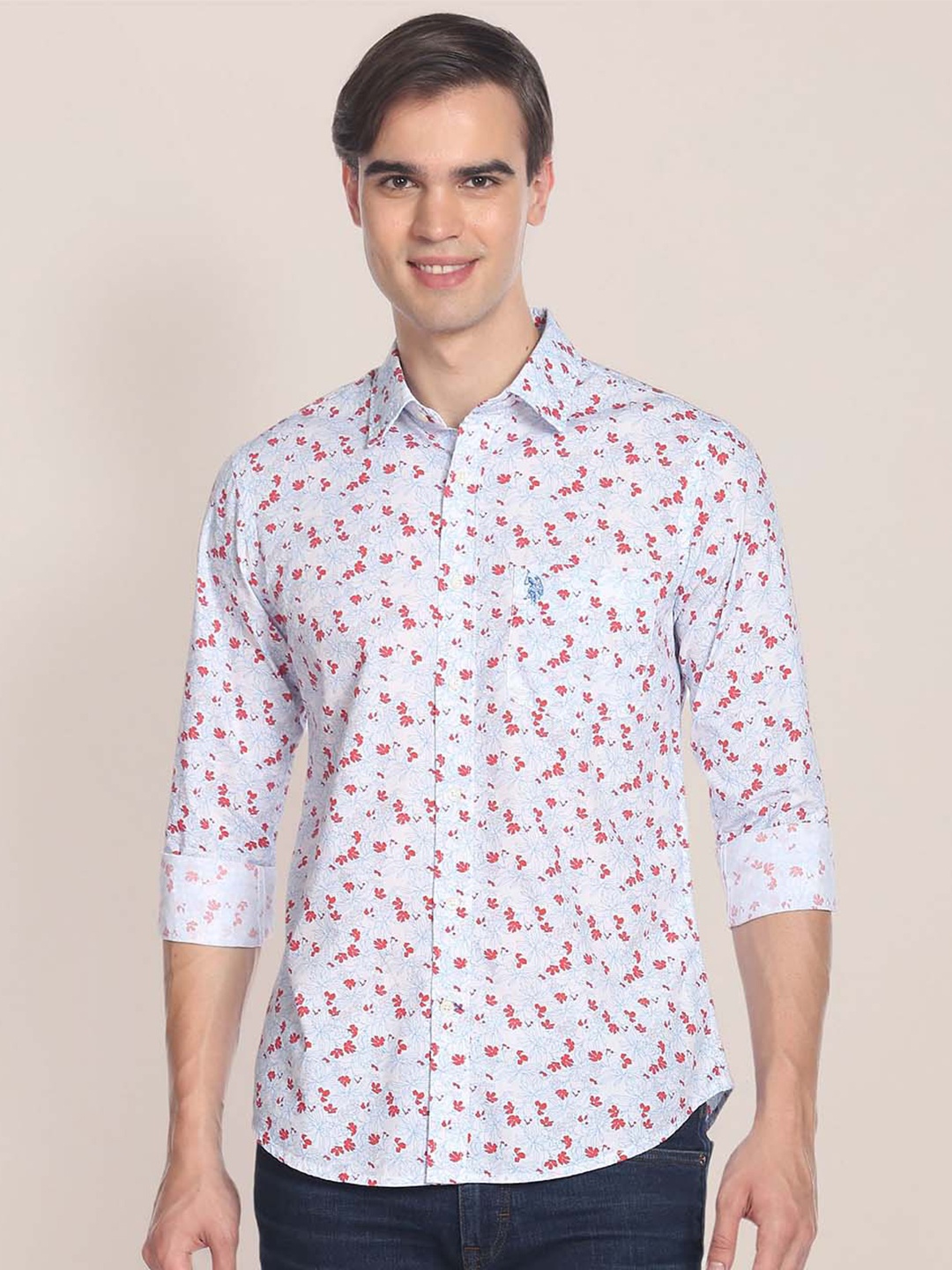U.S. Polo Assn. Men White & Red Tailored Fit Floral Printed Casual Shirt