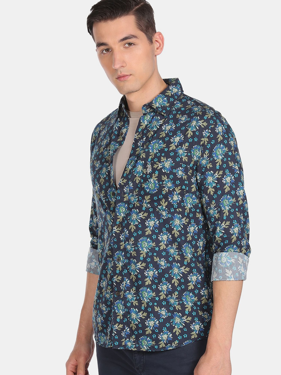 

U.S. Polo Assn. Men Navy Blue & Grey Tailored Fit Floral Printed Casual Shirt