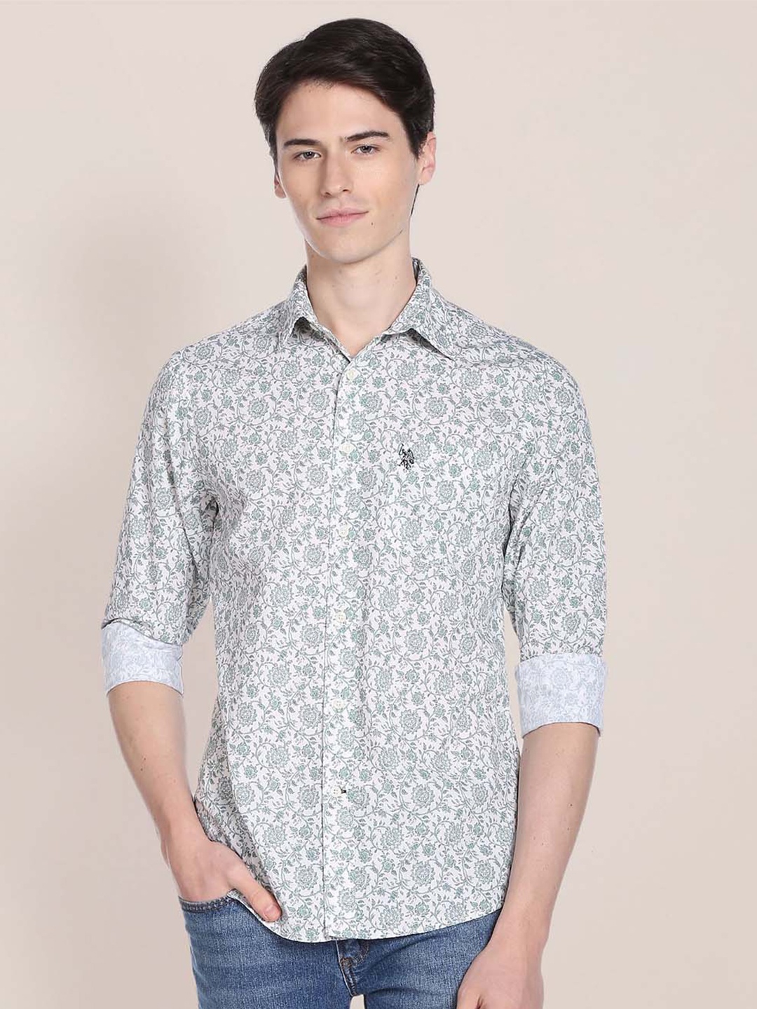 

U.S. Polo Assn. Men Green & Off-White Pure Cotton Tailored Fit Ethnic Print Casual Shirt