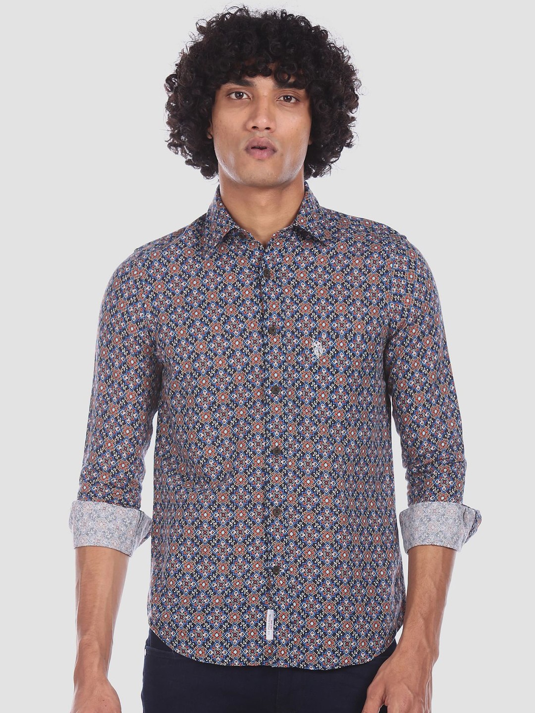 

U.S. Polo Assn. Men Navy Blue & Brown Tailored Fit Printed Casual Linen Shirt