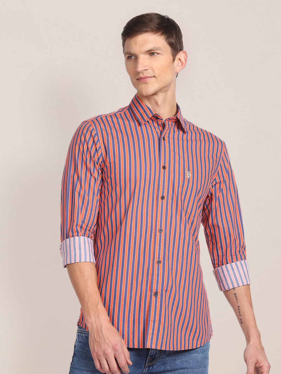 

U.S. Polo Assn. Men Orange & Navy Blue Tailored Fit Striped Casual Shirt